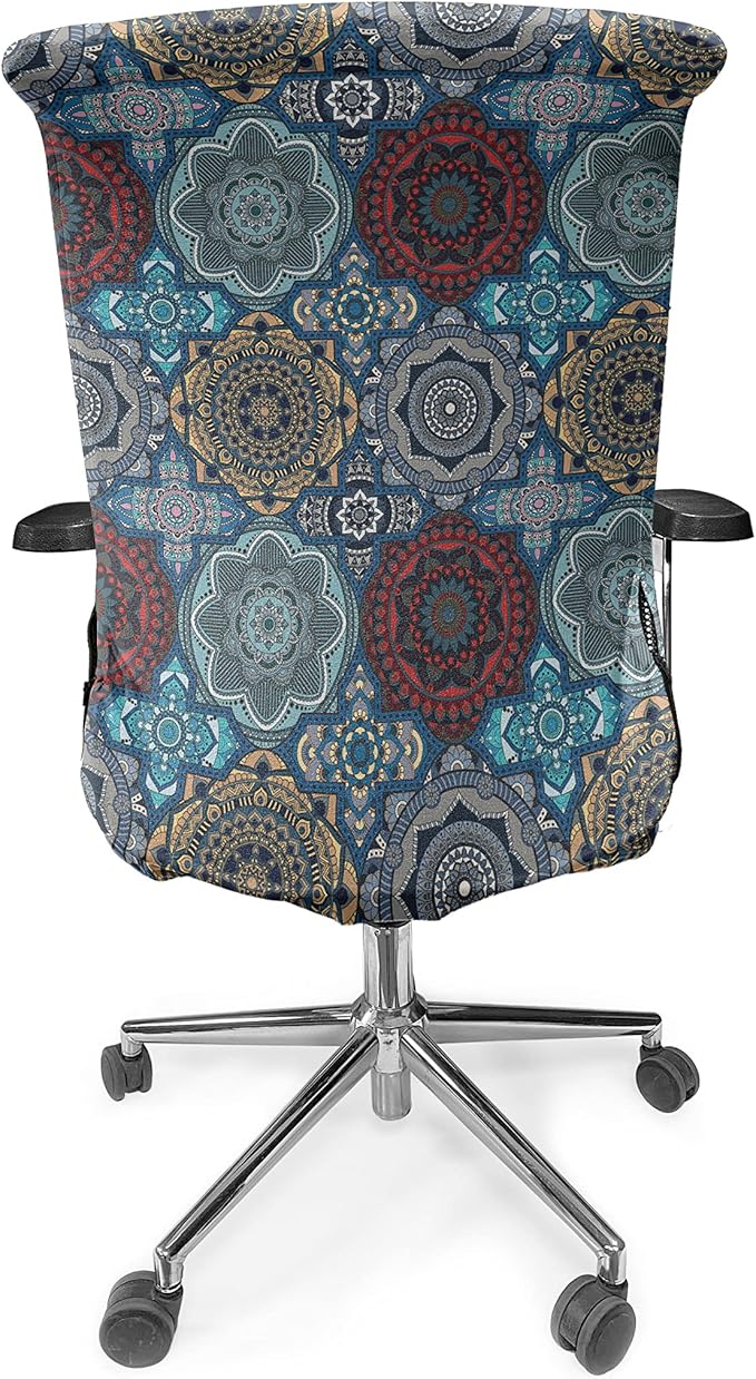 Ambesonne Moroccan Office Chair Cover, Patchwork Style Vintage Ottoman Inspiration Retro Motifs, Stretchable Decorative Universal Size High Back Printed Slipcover, Brown Blue