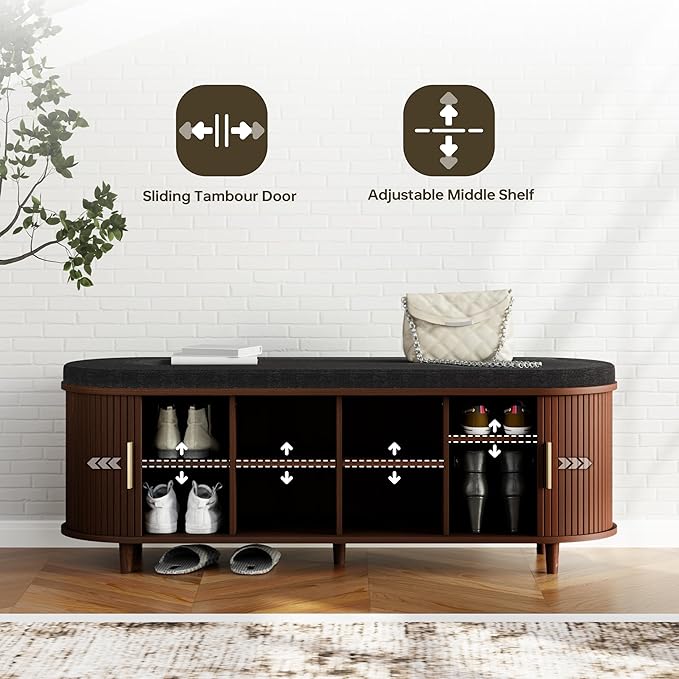DHH 2-Tier Storage Bench,Wide Shoe Bench with Thickened Padded Seat Cushion, Mid Century Modern Fluted Sliding Door and Adjustable Shelf, for Entryway, Living Room, Bedroom (Walnut, 51.2”)
