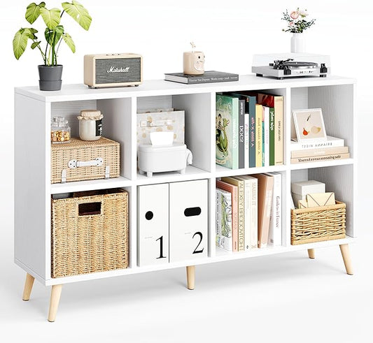 8-Cube Bookshelf 2 Tier Modern Bookcase with Legs, 11in Shelf Opening, 47" Wood Bookshelves Storage Organizer Shelf, Freestanding Open Book Shelves for Bedroom Living Room Office, White