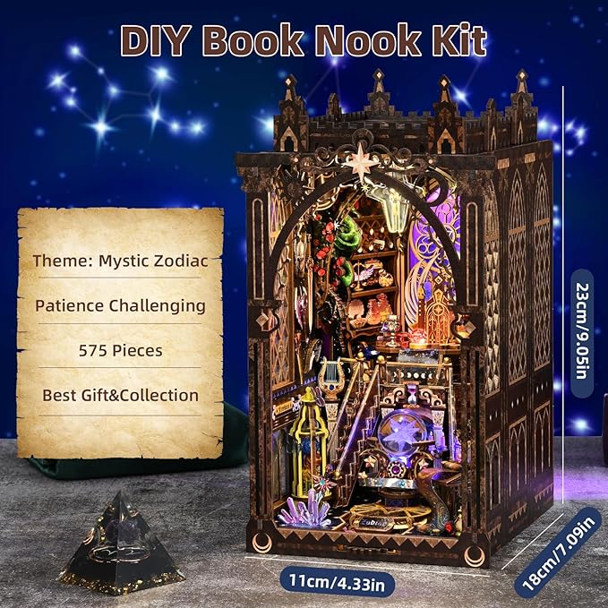 TOYQI Book Nook Kit, Book Nook Kits for Adults, DIY Miniature Dollhouse Kit 3D Wooden Puzzle Booknook Bookend with LED Light - Divination Fate Destiny 12 Constellation Zodiac Signs