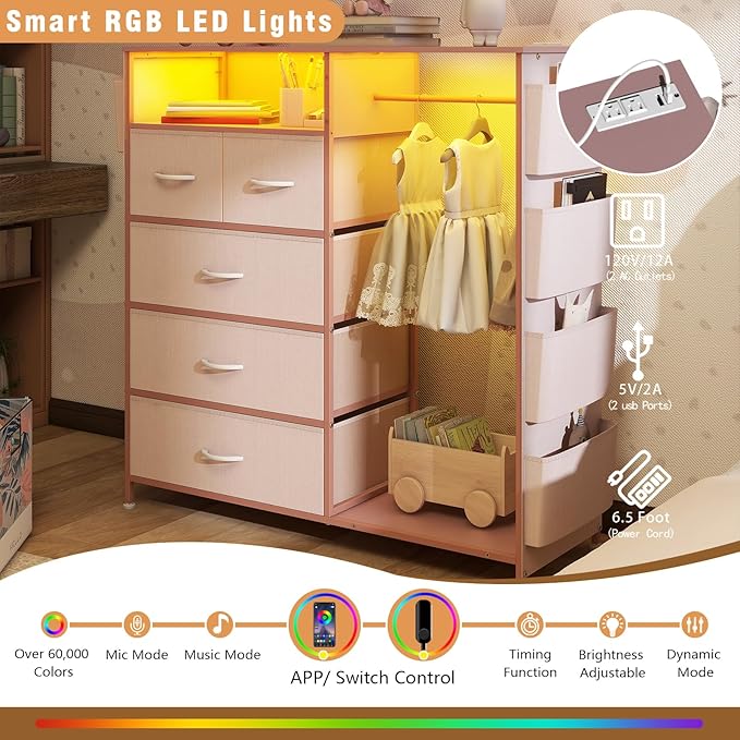 Espelism Dresser for Bedroom with Clothes Rack Side Pockets 5 Drawer Dresser with Charging Station LED Lights Black Storage Chest of Drawers for Hallway Closet Sturdy Steel Frame Wood Top (Pink)