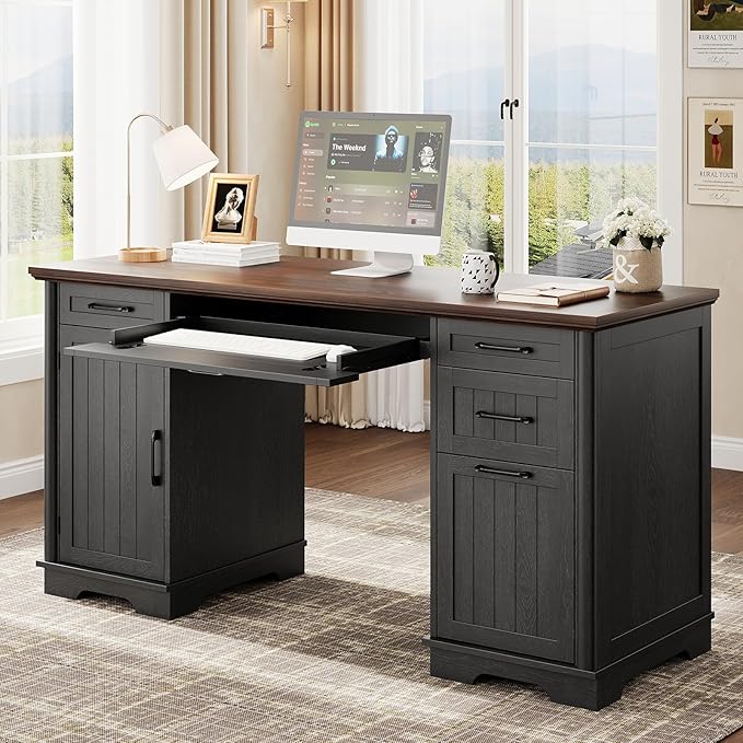 ONBRILL 56" Large Executive Desk with Drawers,Modern Farmhouse Home Office Desk with Charging Station, Wood Computer Writing Desk with File Drawer for Study Work Bedroom Living Room Black