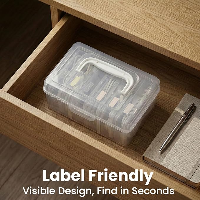 Portable Cord Organizer Box with Handle, 7 Clear Cable Storage Cases and Labels, Travel Cable Holder for Charging Cords, USB Wires, Earphones – Home Desk Drawer Organizer (Type A)