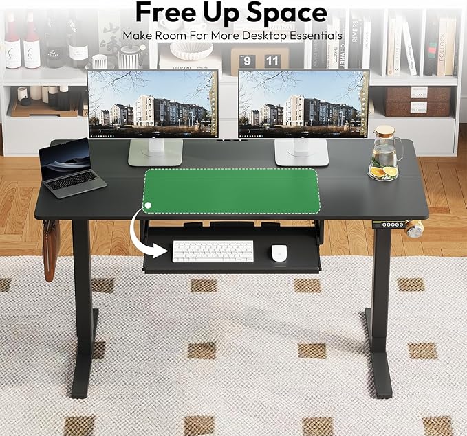 Electric Standing Desk with Keyboard Tray,55x24 inches Adjustable Height Stand Up Desk,3 Preset Heights,Equipped with Hooks,Raising Desks for Home Office and Computer Workstation,Black