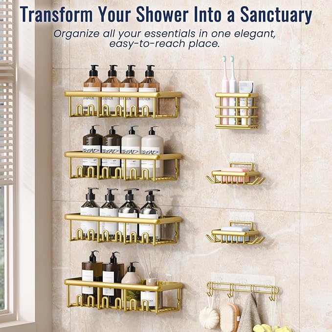 8 Pack Adhesive Rustproof Shower Shelves with Soap Dishes, Toothbrush Holder & Hooks, Large Capacity No-Drilling Shower Shelves Rack for Bathroom Organizers and Storage Accessories, Gold