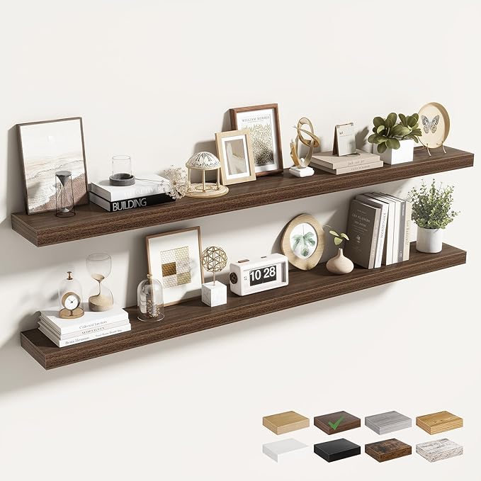Acovy 55 Inch Floating Shelves for Wall 2 Pack, 55" Wall Shelves for Books, Storage, Decor, Wall Mounted Floating Shelf with Invisible Brackets for Kitchen, Living Room, Walnut