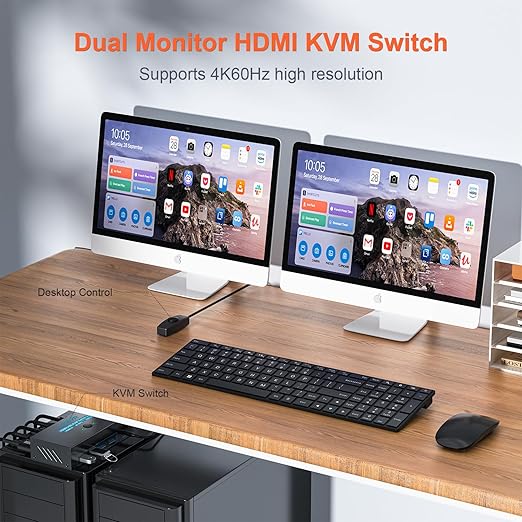 SGEYR HDMI KVM Switch Dual Monitors, 4K@60Hz KVM Switch 2 Monitors 2 Computers with 4 USB 3.0 Ports Share 2 Monitors and USB Devices, Support Wired Remote and Button Switch, Sharing Keyboard& Mouse