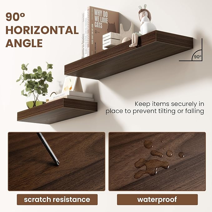 Acovy 36 Inch Floating Shelves for Wall 2 Pack, 36" Wall Shelves for Books, Storage, Decor, Wall Mounted Floating Shelf with Invisible Brackets for Kitchen, Living Room, Walnut