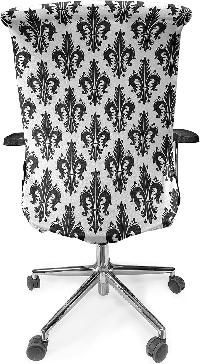Ambesonne Fleur De Lis Office Chair Cover, Monochrome Royal Lily Pattern Victorian Inspiration Ornamental Vintage Design, Stretchable Decorative Universal Size High Back Printed Slipcover, Black White