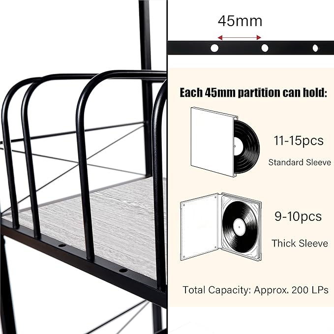 Record Player Stand with 4 Adjustable Dividers, Vinyl Record Storage Holds 200 LPs, 3 Layer End Table, Multi-Functional Record Player Table for Home, Grey