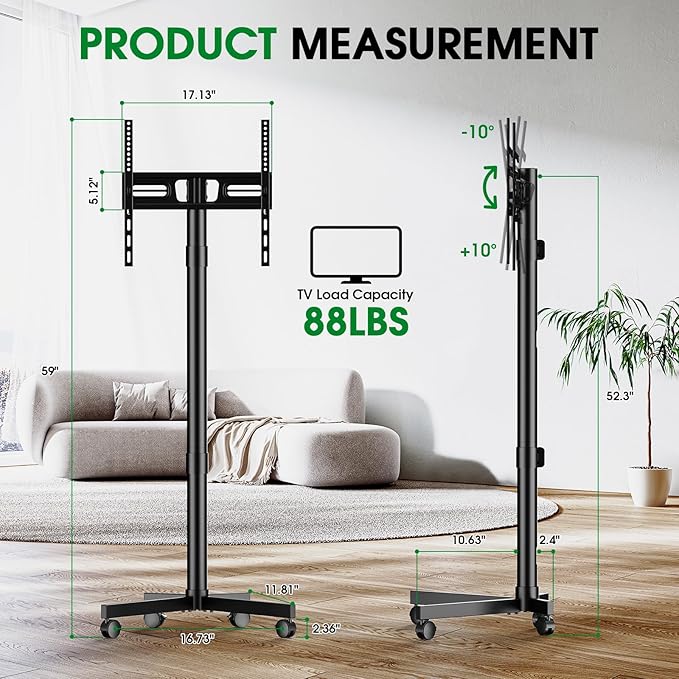 Mobile TV Cart Rolling TV Stand for 23-60 Inch LCD LED OLED Flat Curved Screens up to 88 lbs, Height Adjustable Portable TV Stand on Wheels, Outdoor TV Stand Mount, Max VESA 400x400mm, Black