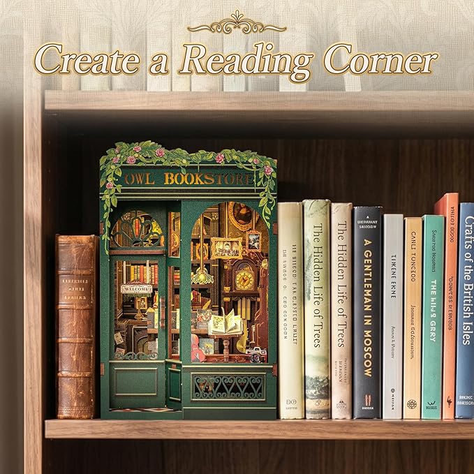 Fsolis Book Nook Kit, Booknook 3D Wooden Puzzles for Adults DIY Bookshop Model Diorama Bookshelf Miniature Kit Mini House Building, Gifts for Book Lovers Readers Book Worms（OWL Bookstore）