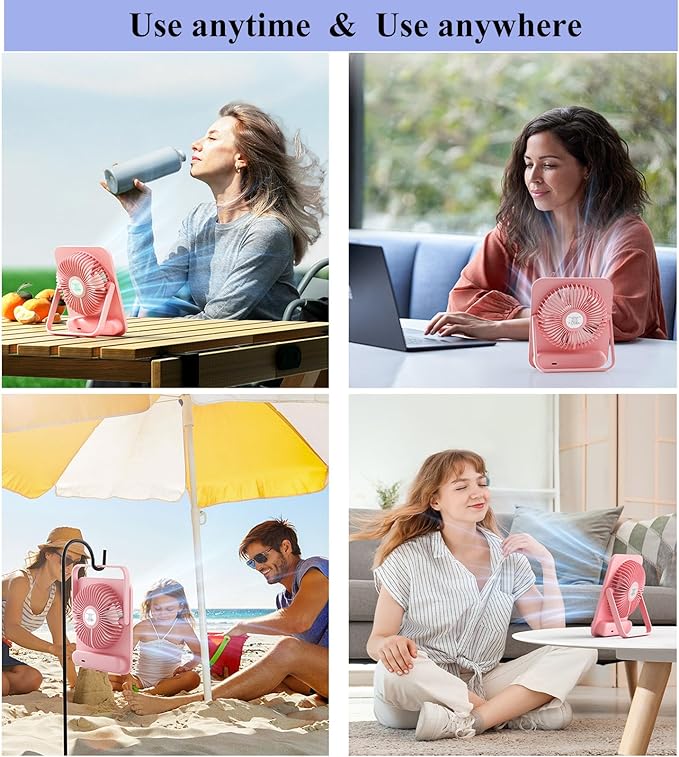 WHATOOK Small Desk Fan Personal Fans: 5000mah 25 Hours Battery Office Quiet Mini Desktop Fan Portable Rechargeable Travel Essentials (Pink, 2000 mAh)