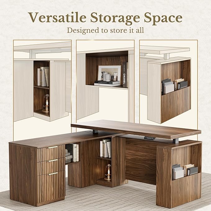 63 Inches L Shaped Standing Desk, Executive Electric Height Adjustable Desk with Drawers and File Cabinet, AC/USB, 1.18" Thiken Desktop and Privacy Panel for Home Office, Black Walnut