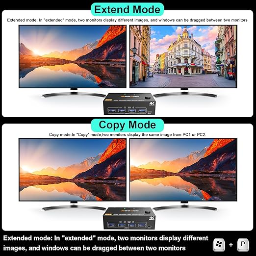 KVM Switch 2 Monitors 2 Computers 4K@60Hz,DP+HDMI USB3.0 Dual Monitor KVM Switches with 4 USB 3.0 Port,Wired Remote,USB3.0 Cables Included(4K60Hz 2 PC 2 Monitor KVM)