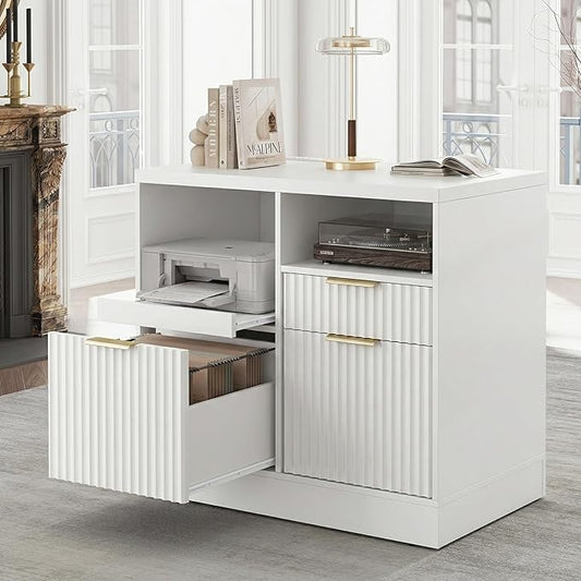 3 Drawer File Cabinet, Fluted Wood Lateral Filing Cabinet with Charging Station for Home Office, Fits for A4/Letter-Sized Files, Printer Stand with Open Storage Shelves, White