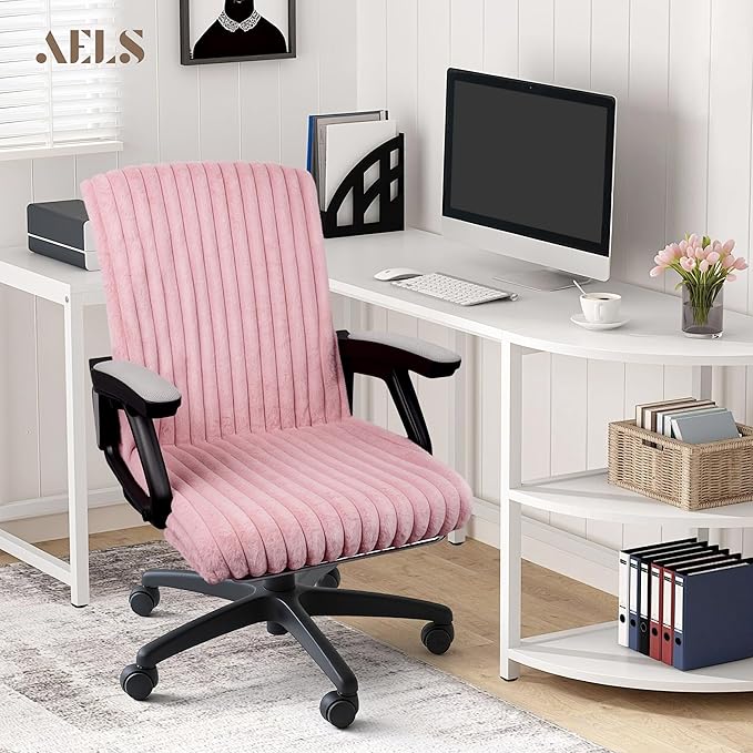 AELS Faux Fur Striped Office Chair Cover, Desk Chair Cover Computer Office Chair Covers - Fits Desk Chair/Armchair, Soft Breathable Fabric - Washable & Removable for Home & Office, Pink