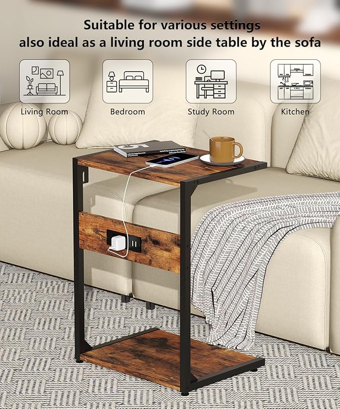 Akxomel 2 Tier Computer Tower Stand with Charging Station, 11.8" D x 16.5" W Rolling Floor PC Tower Stand Fits Under Desk, CPU Holder Cart for Carpet with Hooks, C Shaped End Table for Home Office