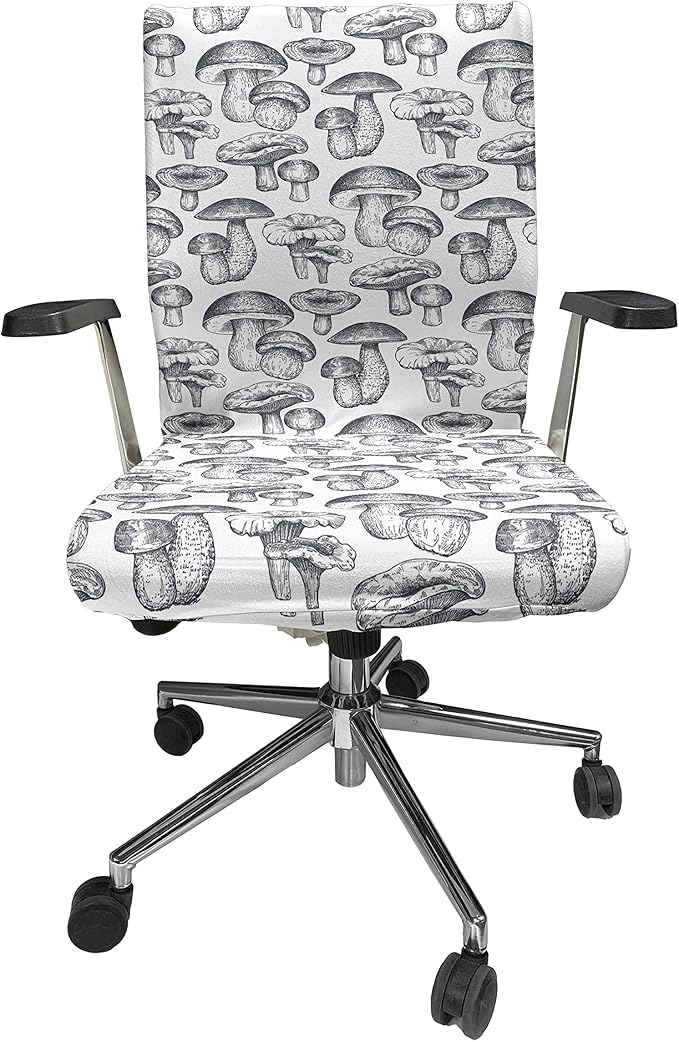 Ambesonne Mushroom Office Chair Cover, Hand Drawn Vintage Forest Botany Vegetables Wild Sketch Drawing Art, Stretchable Decorative Universal Size High Back Printed Slipcover, Purpleblue White