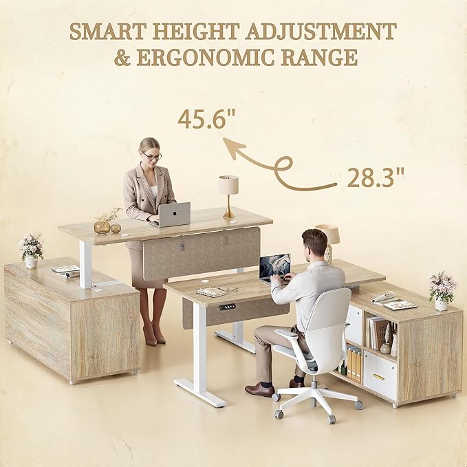 TIQLAB L Shaped Standing Desk with Privacy Protection Panel, 61.4" x 47.2" Height Adjustable Corner Executive Desk with Drawers and Shelves, Standing Computer Desks for Home Office, Maple