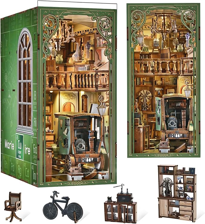 MiniCity Book Nook Kitwith Dust Cover and LED Light, 3D Wooden Puzzle Bookend Bookshelf Insert Decor for Teens and Adults-The Radium Lady
