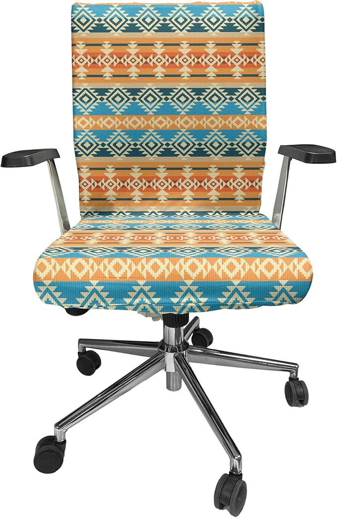 Ambesonne Southwestern Office Chair Cover, Striped Backdrop GeometricTribal Motif Native Mexican Cultural Heritage, Stretchable Decorative Universal Size High Back Printed Slipcover, Cream Orange Blue