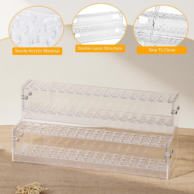 Acrylic Pen Display Stand, 2-Tier 96-Slots 1.2cm Wide Pen Holder Organizer Rack for Craft Shows, Makeup Brushes, Eyebrow Pencils, School & Office Desk Storage