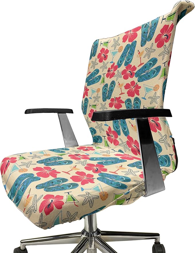Ambesonne Flip Flop Office Chair Cover, Exotic Summers Hibiscus Flower Starfishes Martini Cocktail and Beach Sandals, Stretchable Decorative Universal Size High Back Printed Slipcover, Blue Red