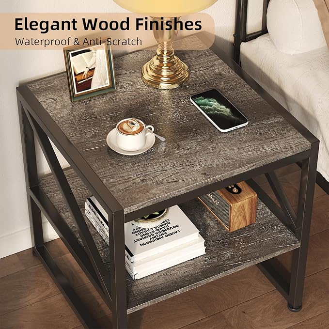 Mexin 20 Inch Square End Table, Mini Fridge Stand with 2-Tier Storage Shelf, High Load Capacity Printer Table for Living Room Bedroom, Grey Oak