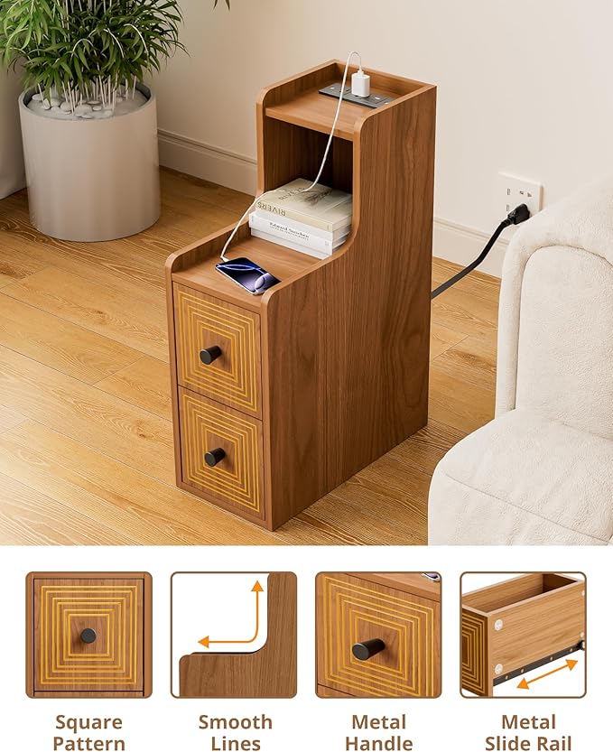 Set of 2 Narrow End Table with Charging Station, Slim Side Table with Gilt Line, Mid Century Modern Nightstand with Drawers for Living Room, Walnut