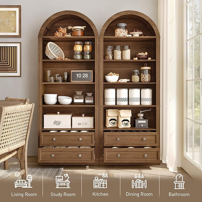 RALGEND Farmhouse Arched Bookshelf, 7 Tiers Arch Bookcase with 2 Spacious Drawers, Modern Book Shelf with Open Display Shelves and Storage Cabinet, for Office, Living Room, Kitchen, Walnut