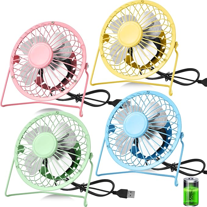 Glooglitter 4 Pcs 4" USB Small Fan Powerful Quiet 360° Adjustable Rotation Personal Metal Mini Desk Fan Summer Electric Ideal for Home Office Bedroom Desk Airflow Cooling, USB Powered Only(Cute Color)
