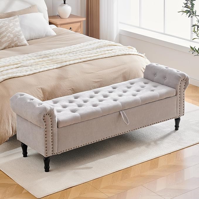 67'' End of Bed Bench King Size, Storage Bench for Bedroom End of Bed, Upholstered Tufted Storage Ottoman Benches with Arms for Living Room, Entryway, Windows, Light Grey