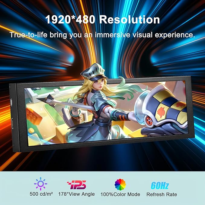 8.8 Inch FHD Computer Secondary Screen IPS 1920x480 LCD Display CPU Temperature Monitor with Casing for Computer Case Temperature Windows macOS Aida64 CPU GPU Monitor
