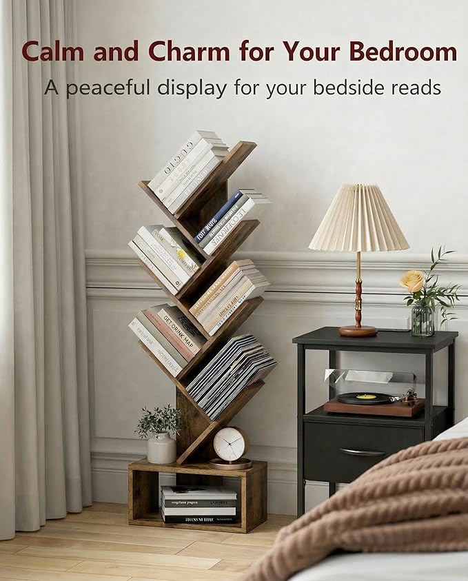 6 Tier Tree Book Shelf - Small Bookshelf Decor, Corner Bookshelf, Living Room Storage, Tall Narrow DVD & CD Shelf Storage Bookshelves, Comic Bookcases Standing for Bedroom or Office, Rustic Brown