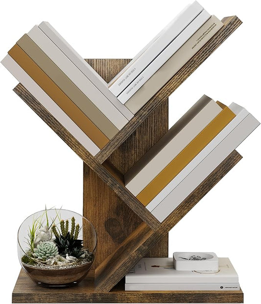Tajsoon Tree Bookshelf 3 Tier Book Shelves Storage Organizer, Desktop Bookshelf Floor Standing Bookcase Display for Magazine/Books, Small Tree Bookshelf for Bedroom, Living Room Office, Rustic Brown