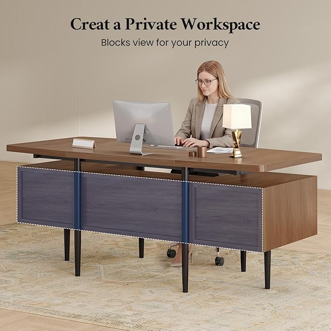70.9" Modern Executive Desk, Wooden Computer Desk with 2 Drawers and File Drawer, Privacy Panel & Open Storage Shelf, Large Home Office Writing Desk, Brown