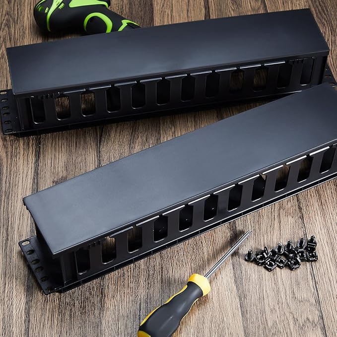 Taiyin 4 Pcs 2u 19 Inch Horizontal Cable Management Panel, 12 Slot Rack Cable Organizer with Removable Cover for Server & Network Rack