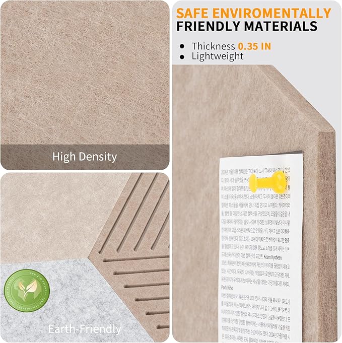 10 Pack Hexagon Cork Board Tiles Alternative, 12'' Fully Self-Adhesive Modern Felt Bulletin for Wall Decor, Frameless Pin Board for Office, Renter-Friendly Decorative Hexagon Corkboard with 30 Pins