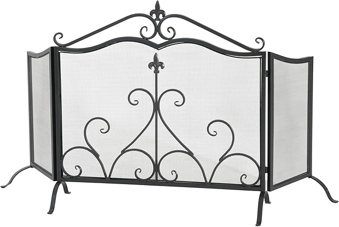 Christopher Knight Home Suho 3-Panel Iron Fireplace Screen, Foldable Fire Spark Guard with Wrought Metal Decorative Mesh, Arch Heavy Duty with Central Floral Pattern, 54" x 31.5", Black