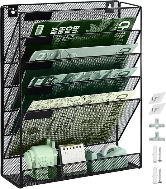 5 Pockets Mesh Wall File Holder Organizer with Bottom Flat Tray, Office Hanging File Folder Magazine Rack, Nametag Label Hooks Set Included, Black