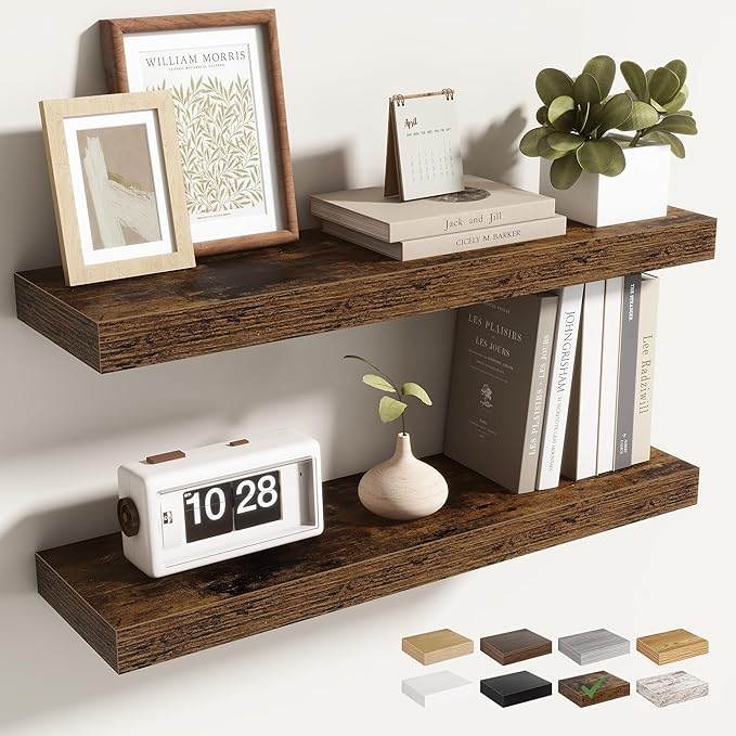 Acovy 24 Inch Floating Shelves for Wall 2 Pack, 24" Wall Shelves for Books, Storage, Decor, Wall Mounted Floating Shelf with Invisible Brackets for Kitchen, Living Room, Brown