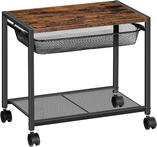 HOOBRO Under Desk Printer Stand, Industrial Printer Cart with Storage Shelf, 2-Tier Mobile Printer Table on Wheels, Heavy Duty Machine Storage Rack for Office and Home Rustic Brown + Black BF12PS01