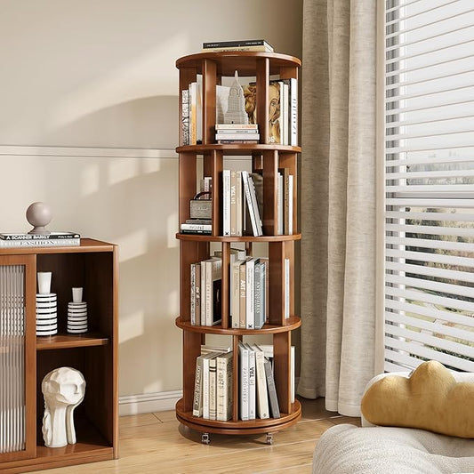 4-Tier Solid Wood Rotating Bookshelf on Wheels, 360° Spinning Book Shelf Tower, Round Revolving Bookcase Organizer, Rolling Bookshelves for Small Spaces, Corner, Bedroom, Kids Room, Office, Walnut