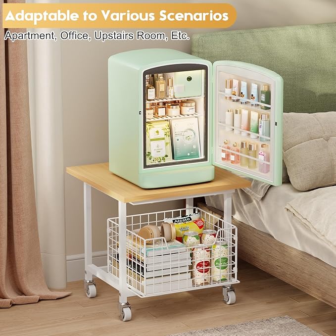 Mini Fridge Stand with Storage, Small Refrigerator Stand with Wheels, Mini Fridge Cabinet-Max Load 300 LBS Heavy Microwave Printer Stand Mini Fridge Cart for Dorm, Apartment, Kitchen, Office (White)