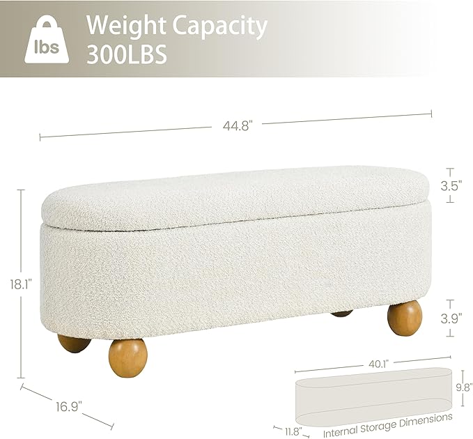 VKNOW 44.8" Storage Ottoman Bench End of Bed Bench, Thickened Upholstered Blanket Chest for Living Room, Entryway Bench with Cute Spherical Solid Wood Stool Legs for Bedroom, Beige