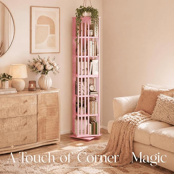Lauxery Rotating Bookshelf Tower– 6 Tier 360° Spinning Bookshelf | Space-Saving Floor Standing Bamboo Revolving Bookcase for Small Space, Home Offices & Reading Corners |Pink