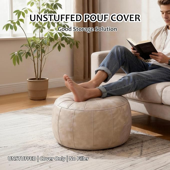 Thgonwid Unstuffed Moroccan Storage Pouf Foot Stool Ottoman Seat Handmade Faux Leather Bean Bag Floor Chair Foot Rest for Living Room, Bedroom or Balcony (Mushroom)