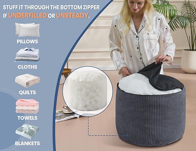 WSOFRLAC Pouf Ottoman Foot Stools with Foam Small Ottoman for Living Room Corduroy Ottomans Pouf 26x18 Floor Poufs Foot Rest for Chair Navy Blue Hassocks and Ottomans