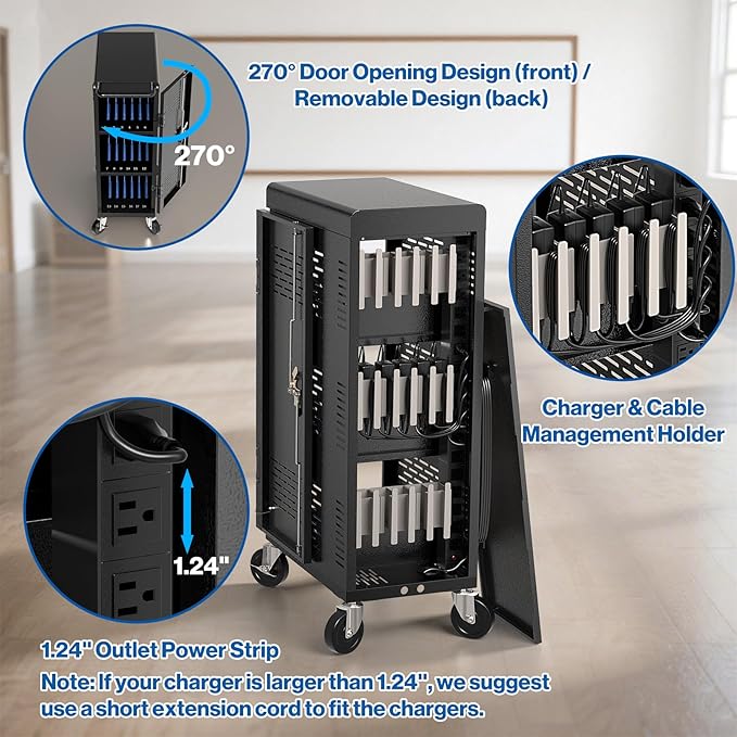 Fully Assembled 18-Device Charging Cart for Chromebook - Locking Laptop Cabinet with Cable Management, Cord Organization, Power Strip - Locks and Stores Tablets up to 14'' and 1.4'' Thick (Black)